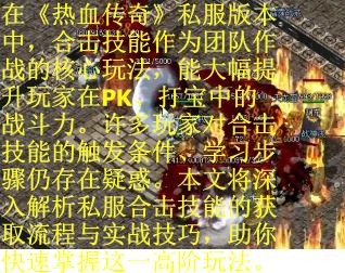在《热血传奇》私服版本中，合击技能作为团队作战的核心玩法，能大幅提升玩家在PK、打宝中的战斗力。许多玩家对合击技能的触发条件、学习步骤仍存在疑惑。本文将深入解析私服合击技能的获取流程与实战技巧，助你快速掌握这一高阶玩法。